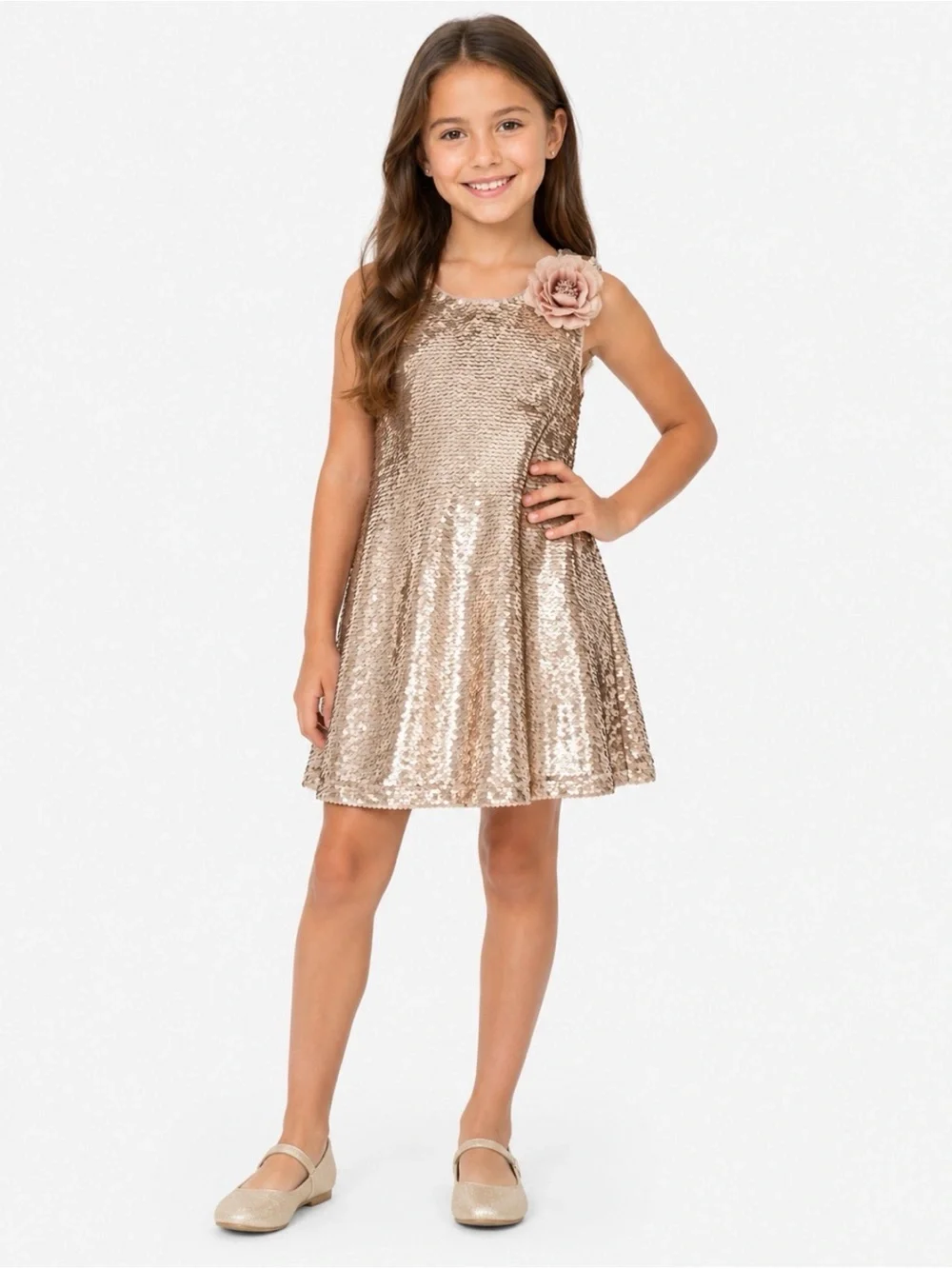 Monsoon Girls' Sequin A-Line Dress in Rose Gold